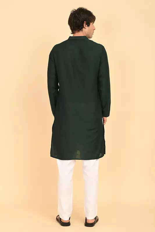 Men Ethnic Embroidered Long Kurta - Green