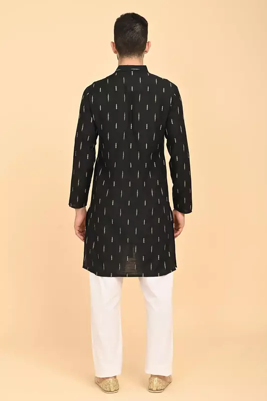 Men Jacquard Full Open Long Kurta - Black