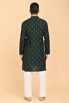Men Jacquard Full Open Long Kurta - Green