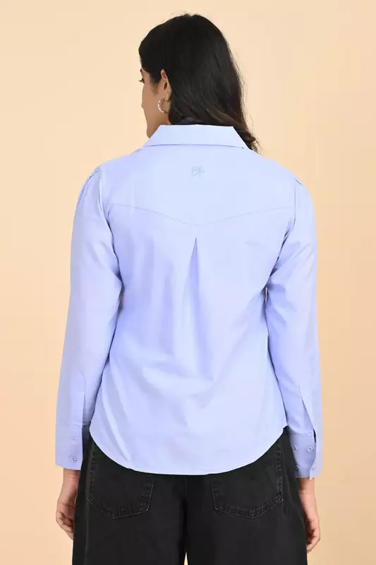 Women Notched Collar Shirt - Blue Chambrey