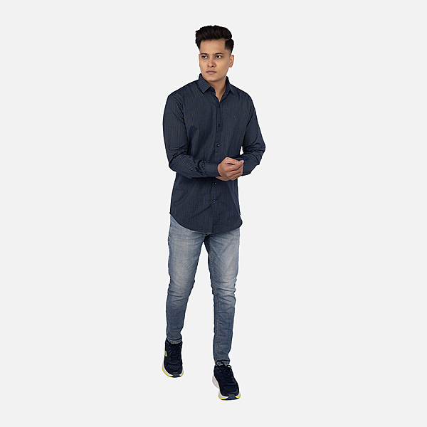 Men Indigo Blue Green Stripe Casual Shirt