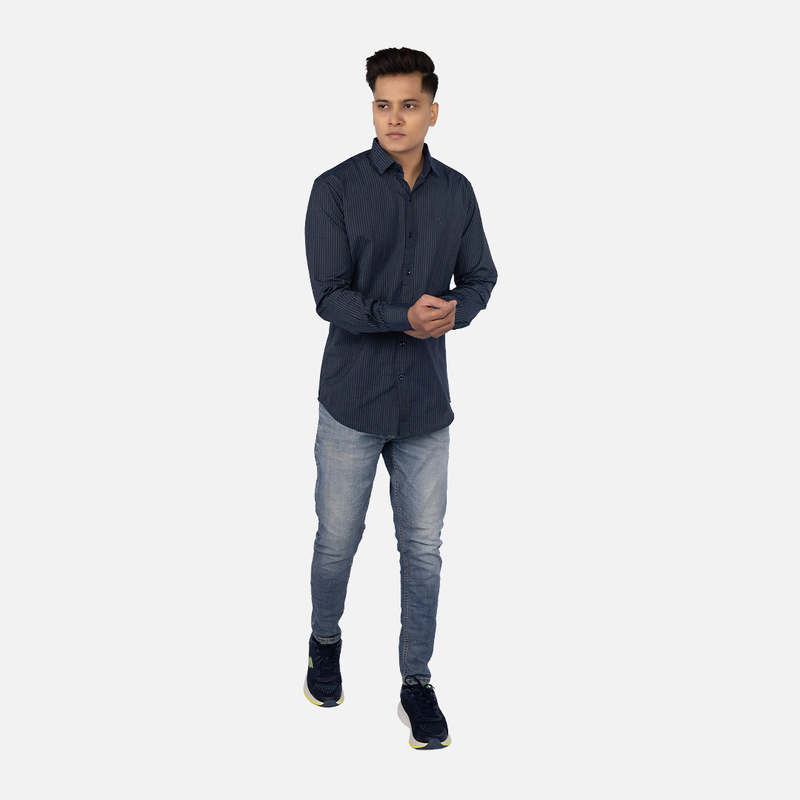 Men Indigo Blue Green Stripe Casual Shirt