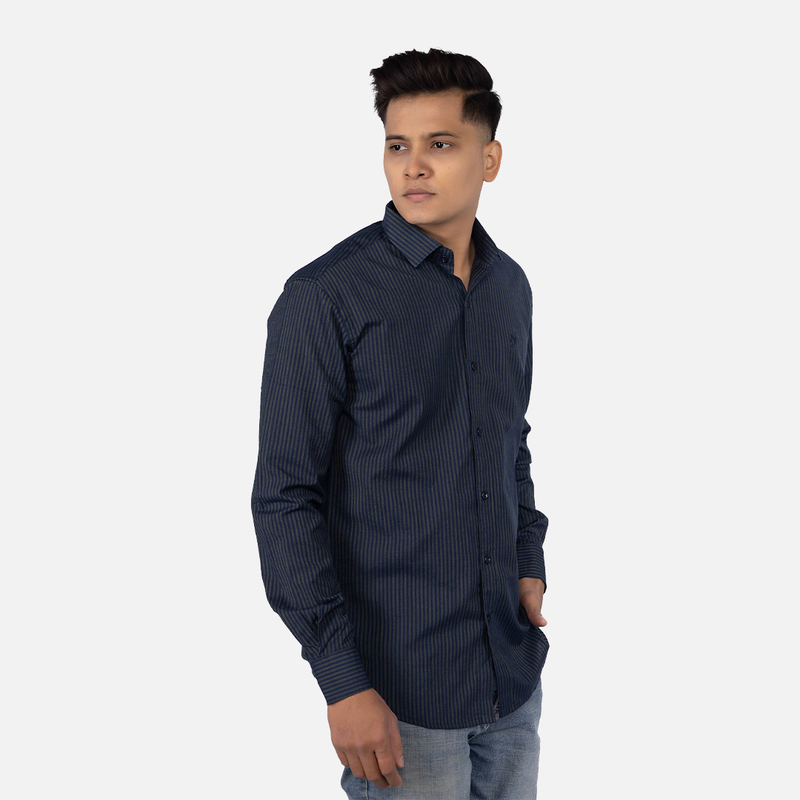 Men Indigo Blue Green Stripe Casual Shirt
