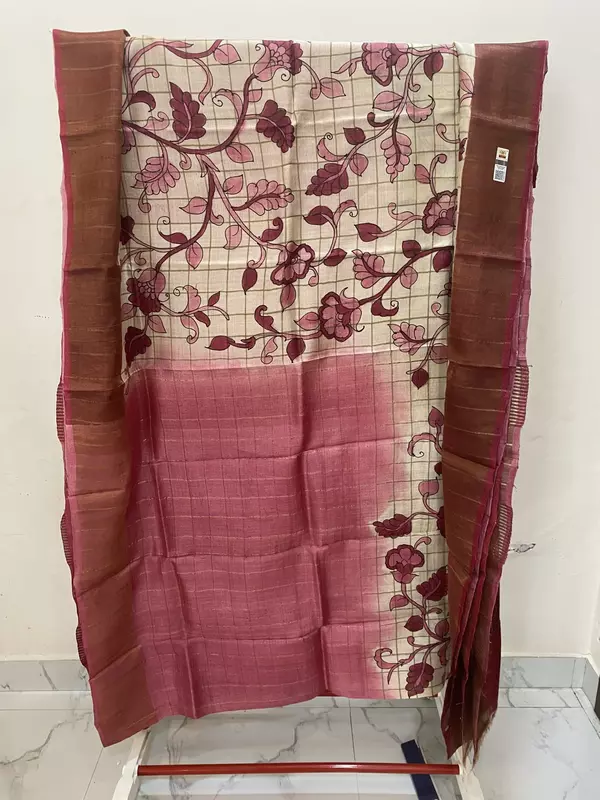 Pink Floral Tussar Silk Saree | Elegant Handloom Cream & Pink Silk Saree