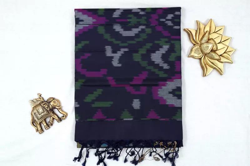 Navy Blue Ikat Silk Saree with Multicolor floral Tree Motifs & Zari Border & ikat blouse