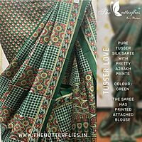 Pure Tusser Silk Saree with Pretty Ajrakh Prints BMRSTUS18141