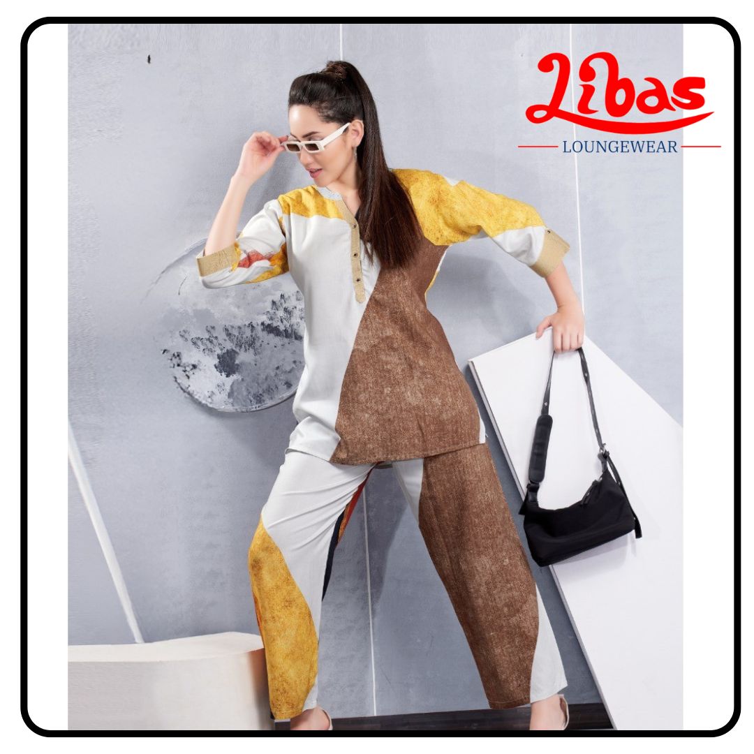 Mocha Bliss Geometric Print Top & Bottom Hosiery Cotton Night Suit From Libas Loungewear-FPS161