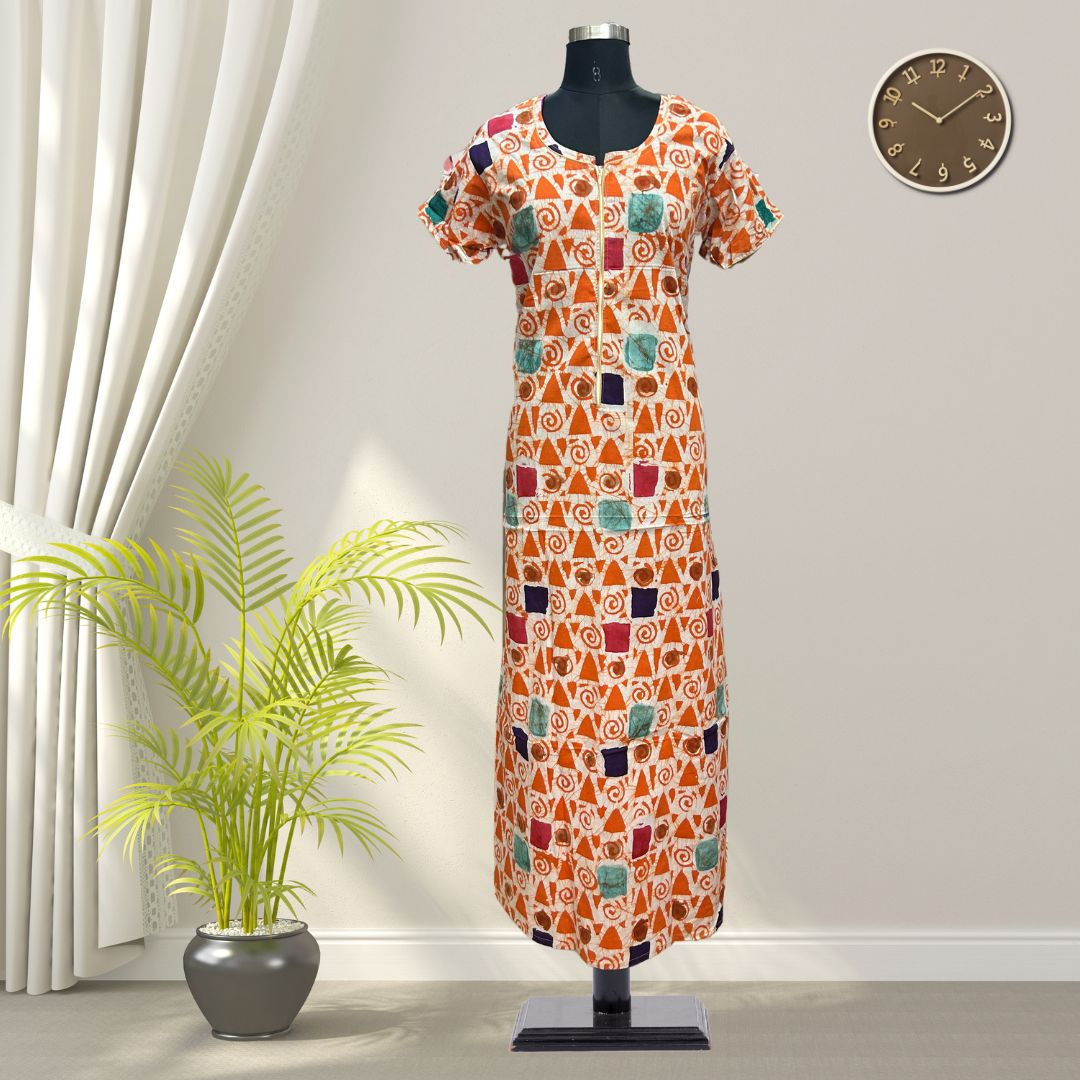 Orange Batik Cotton Nighty With All Over From Libas Loungewear - AL1090