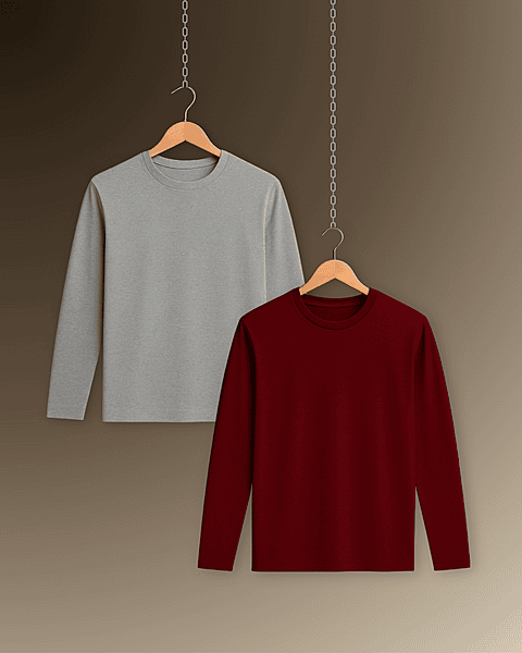 Unisex Full Sleeve Tee - Pack of 2 (Maroon, Grey)