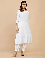 White Cotton Embroidered Slim Fit Long Kurta