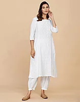 White Cotton Embroidered Slim Fit Long Kurta
