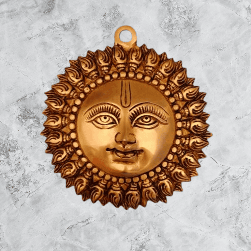 Golden Brass Sun Wall Hanging Vastu Surya Decorative Showpiece for Home Decor Living Room Office - 6.5 Inch Height