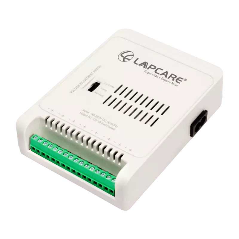 Reliable Lapcare LPSCC8C01: powers 8 CCTV cameras with 12 V DC, auto‑restart, overload, over‑voltage & short‑circuit protection—with 2‑year warranty.