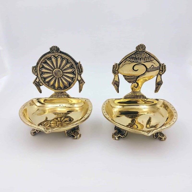 Brass Shankh Chakra Diya Set of Two - 6 inch Height | Traditional Brass Diya Set with Shankh and Chakra Design