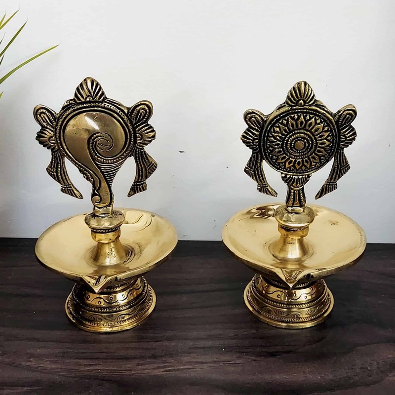 Brass Shankhchakra Diya Set - 6 inch Height | Traditional Brass Shankhchakra Diya Set for Lighting
