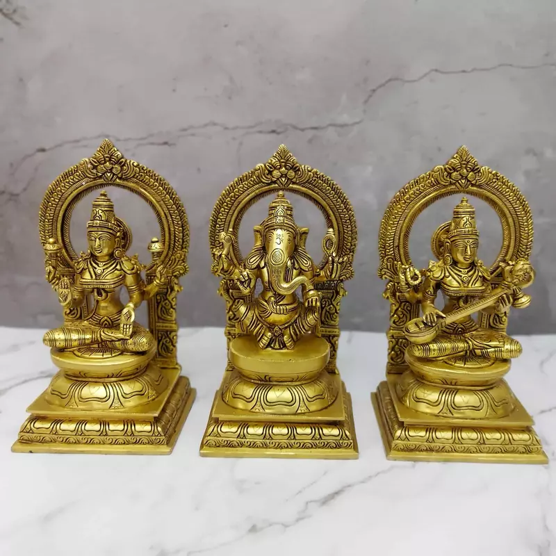 Brass Super Fine Lakshmi Saraswati Ganesha Set - 10.7 inch Height | Divine Trinity