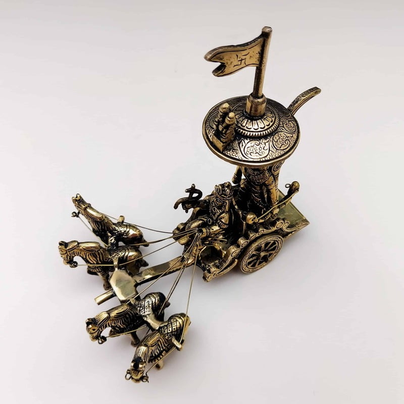 Brass Arjun and Krishna Rath - 7 inch Height | Divine Chariot of Arjuna and Krishna