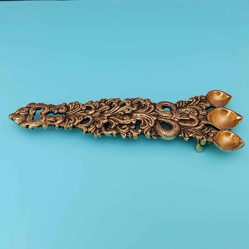 Brass Sheshnag Three Wick Aarti Spoon - 10.2 inch Length | Divine Brass Spoon with Serpent Design