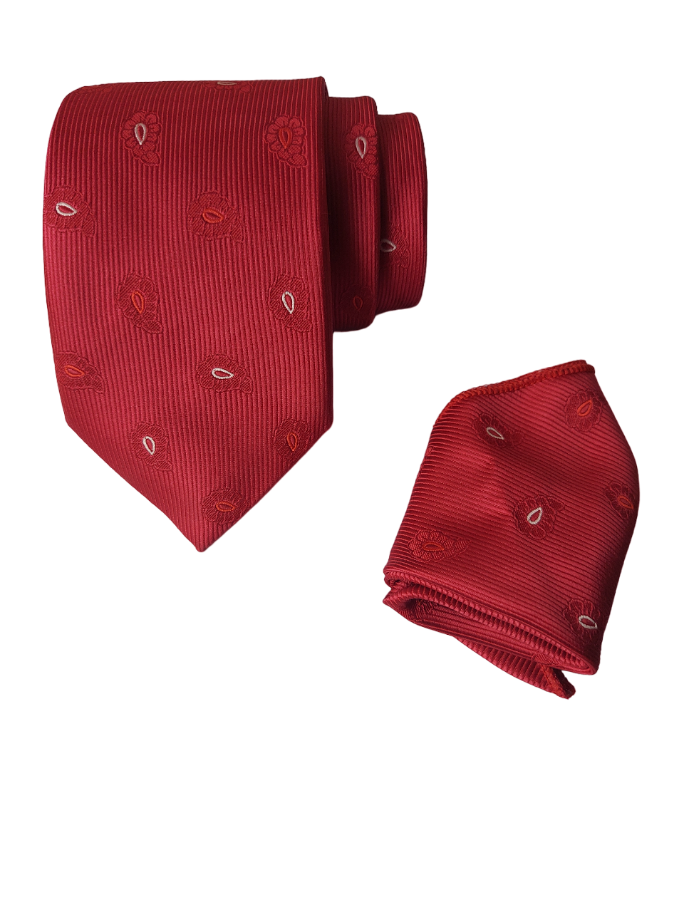 Red Paisley Necktie with Pocket Square