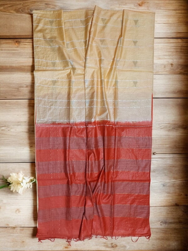 Red & Cream Woven Kota Silk Saree with Running Blouse