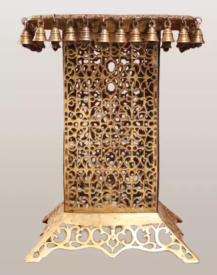 Brass Tall Chowki Stool With Forty Hanging Bells - 20 Inch Height