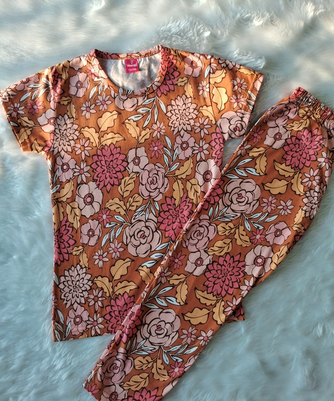 Cotton T Shirt with Pant - Brown flower