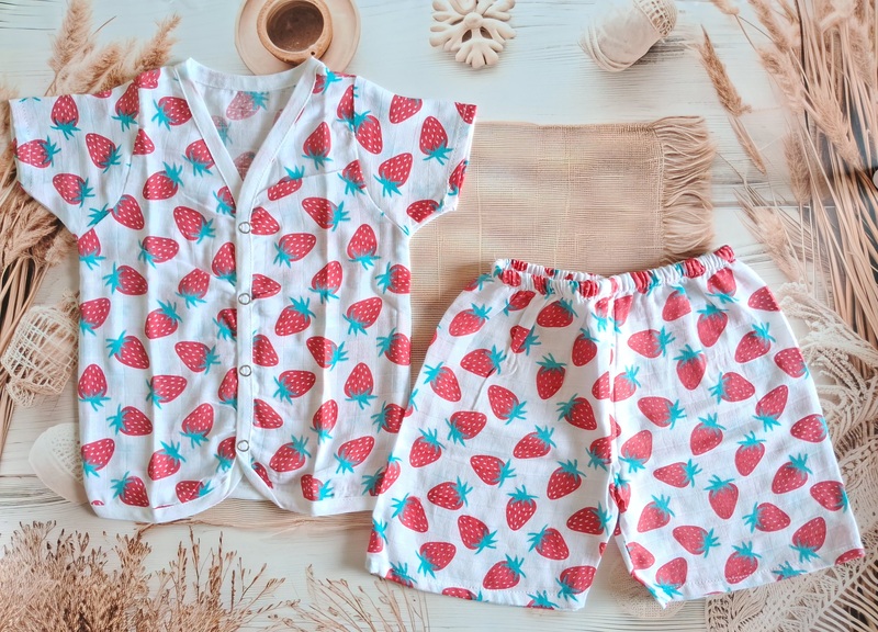 Muslin Jabla Half sleeve Set - Strawberry