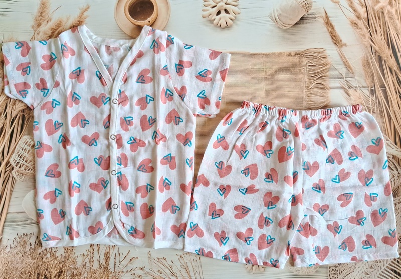 Muslin Jabla Half sleeve Set - Red & blue Hearts