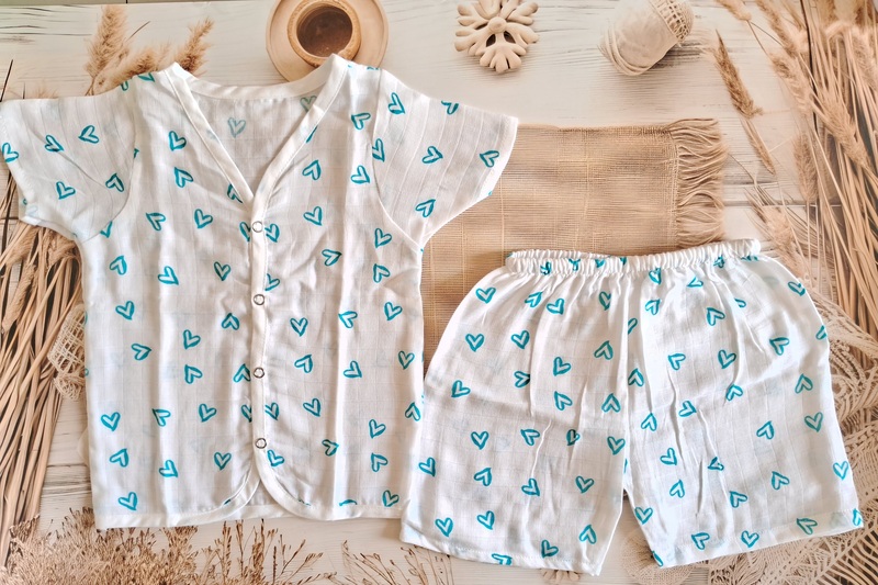 Muslin Jabla Half sleeve Set - Blue Heart