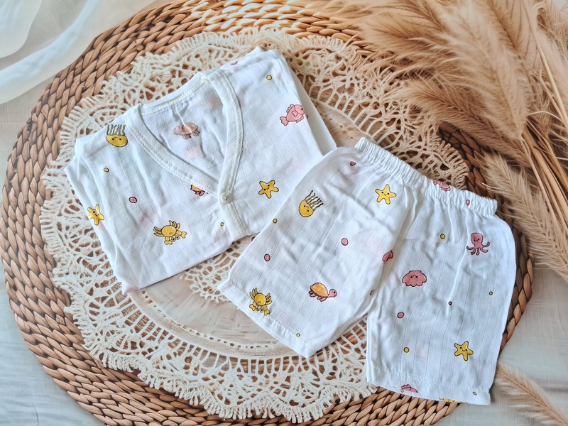 Muslin Jabla Set - White Octopus- Half Sleeve