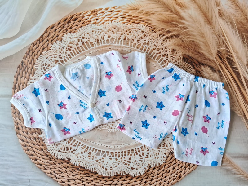 Muslin Jabla Set - White Star- Half Sleeve