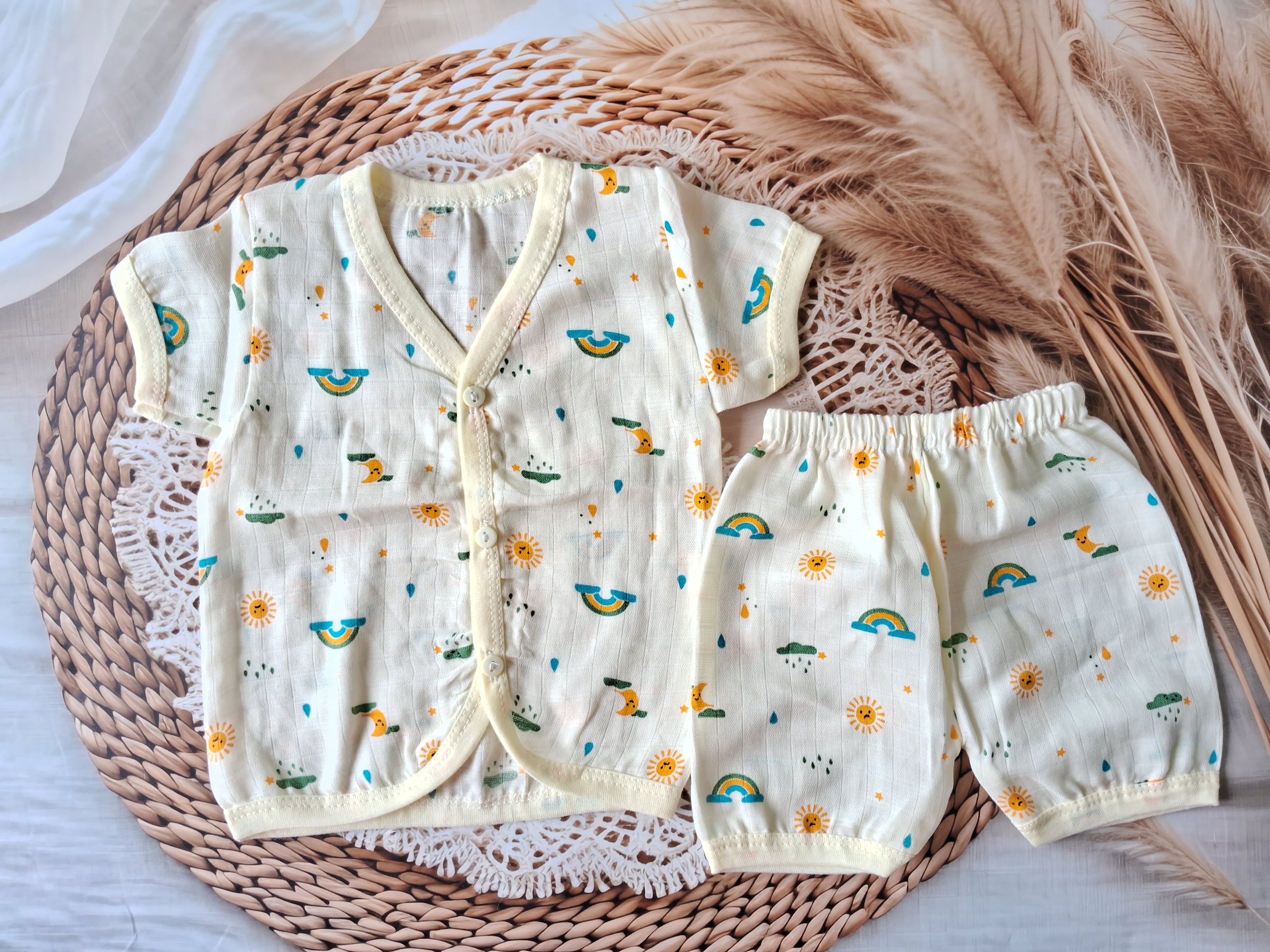 Muslin Jabla Set - Yellow Rainbow - Half Sleeve