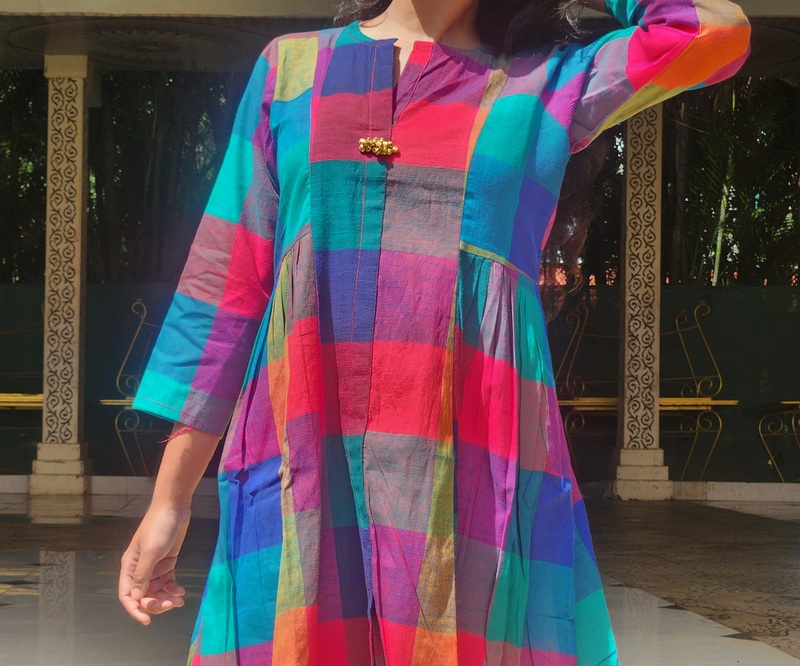 Rajeshwari's Ruffled Sides dress - Madras Checks Blue Hues