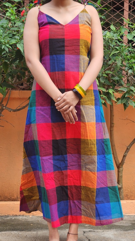 Kanmani's Free-Size Strappy Dress in Madras Checks - Black & Hues