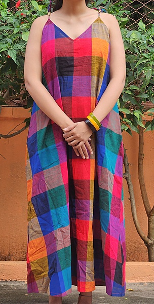 Kanmani's Free-Size Strappy Dress in Madras Checks - Black & Hues