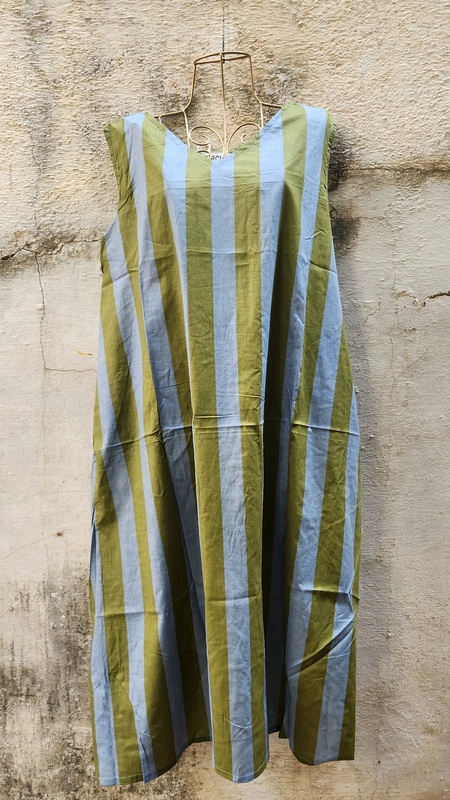 Saira's A-line Dress With a Back Tie - Grey & Blue Stripes
