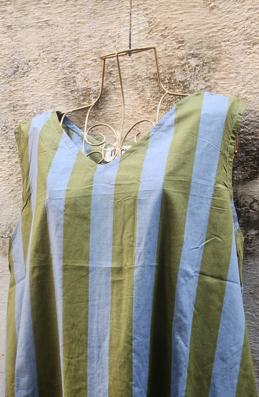 Saira's A-line Dress With a Back Tie - Grey & Blue Stripes