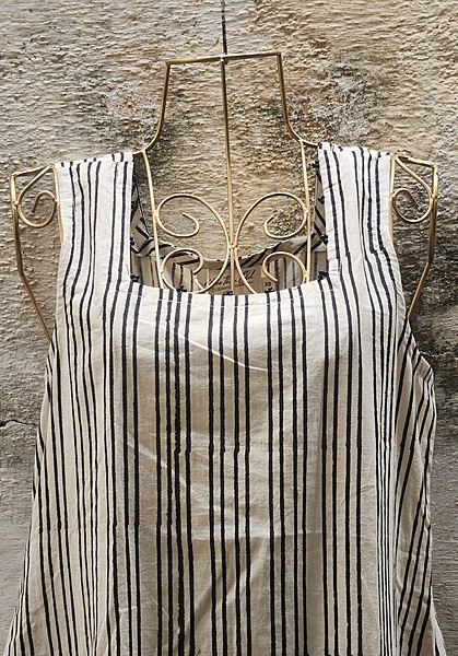 Saira's A-line Dress With a Back Tie - Off-White & Black Stripes