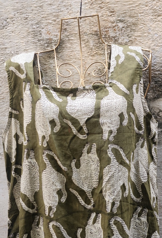 Saira's A-line Dress With a Back Tie - Olive Green & Tigers