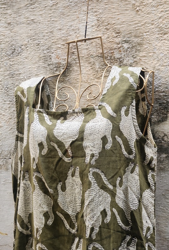 Saira's A-line Dress With a Back Tie - Olive Green & Tigers