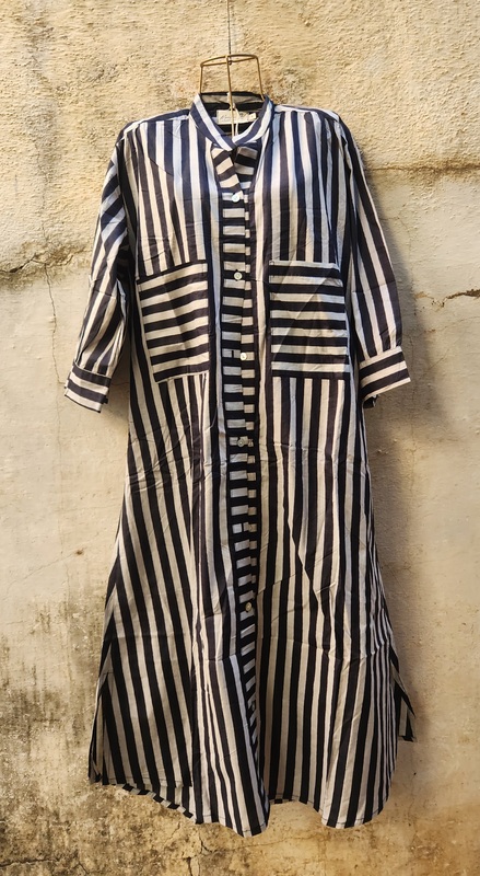 Meera's Button-Down Collared Dress - Black & Grey Stripes