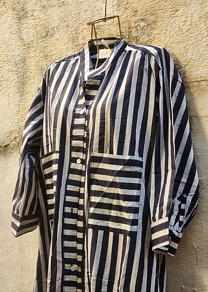 Meera's Button-Down Collared Dress - Black & Grey Stripes