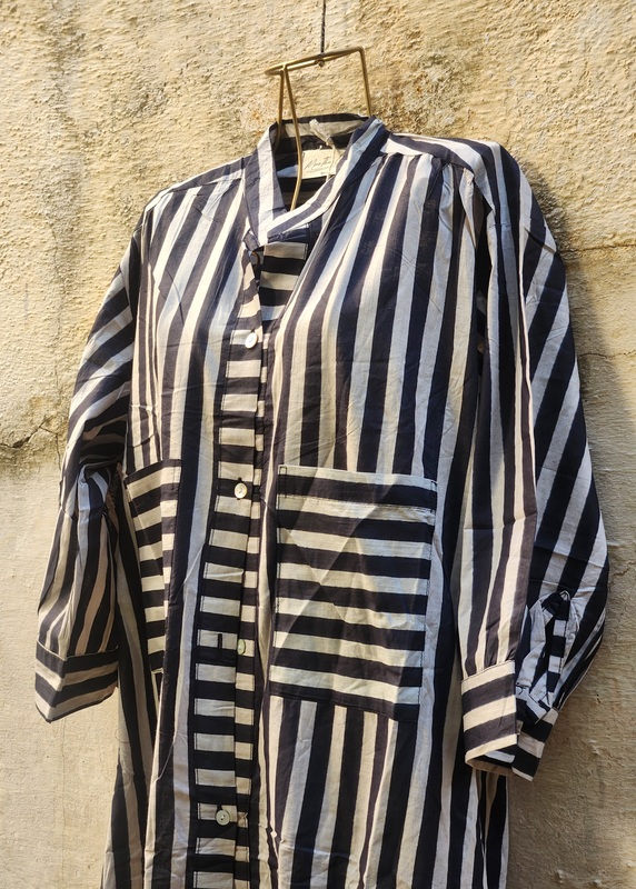 Meera's Button-Down Collared Dress - Black & Grey Stripes