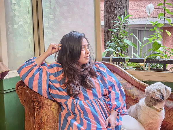 Dilruba's Balloon Sleeve Peplum Top - Pink & blue Stripes