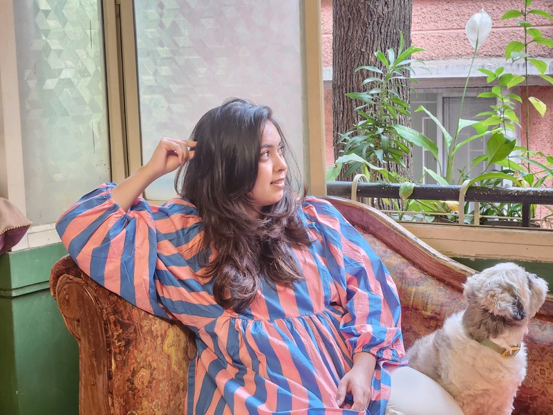 Dilruba's Balloon Sleeve Peplum Top - Pink & blue Stripes