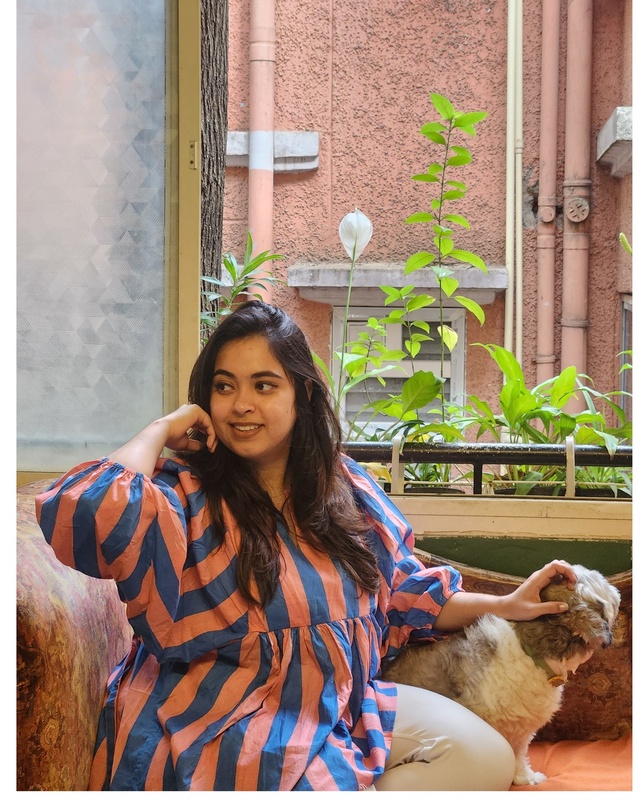 Dilruba's Balloon Sleeve Peplum Top - Pink & blue Stripes