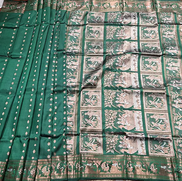 Figure motif 2000 buta Swarnachari Colour Panna green with copper zari