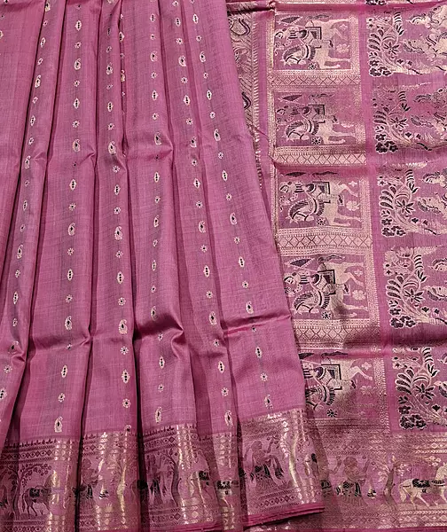 Figure motif 2000 buta Swarnachari Colour Light pink with golden zari Figure motif 2000 buta Swarnachari Colour Light pink with golden zari