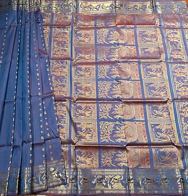 Figurine motif 2000 buta Swarnachari dual tone of orange and blue with golden zari