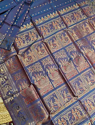 Figurine motif 2000 buta Swarnachari dual tone of orange and blue with golden zari